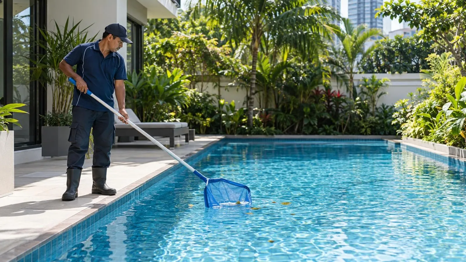 A technician skimming a sparkling residential swimming pool in Singapore on a sunny day