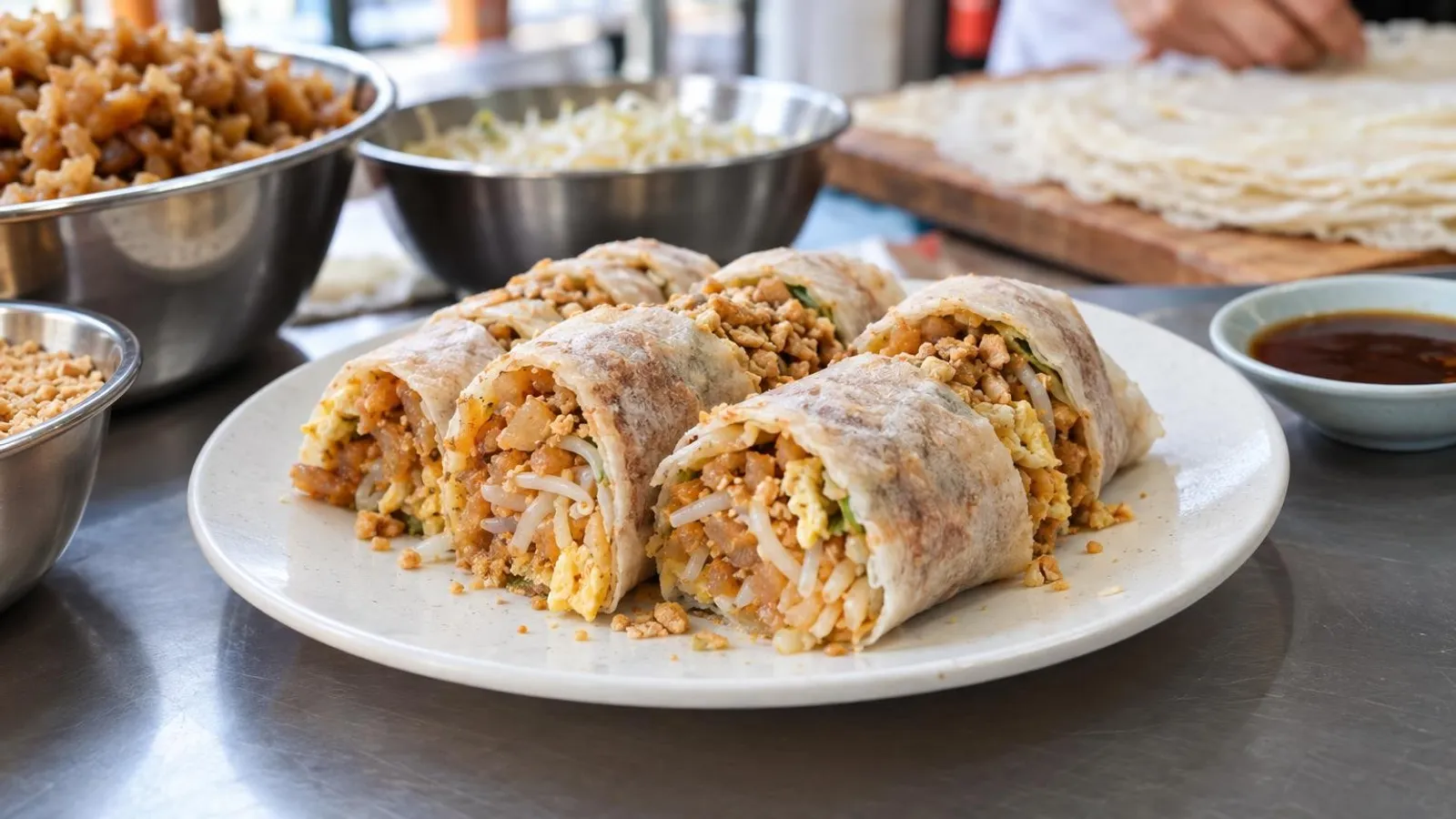 Fresh Singapore popiah spring rolls with turnip, beansprouts, egg and sweet sauce, sliced on a plate