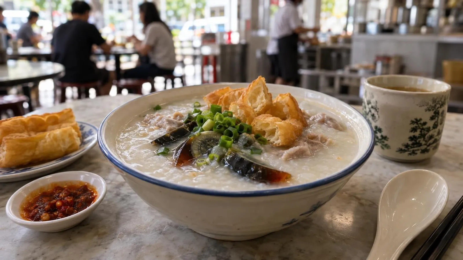 A bowl of smooth Cantonese pork and century-egg porridge with spring onion and youtiao in Singapore
