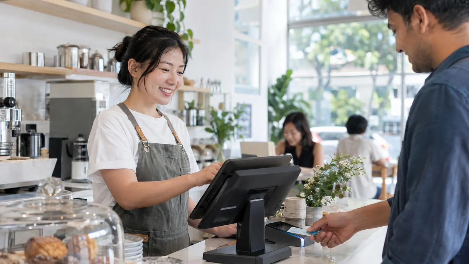 A cafe owner using a modern touchscreen point-of-sale terminal at a bright counter while a customer taps a card