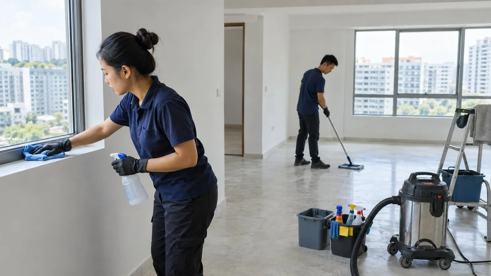 A cleaning crew deep-cleaning a newly renovated empty HDB flat, wiping dust and mopping