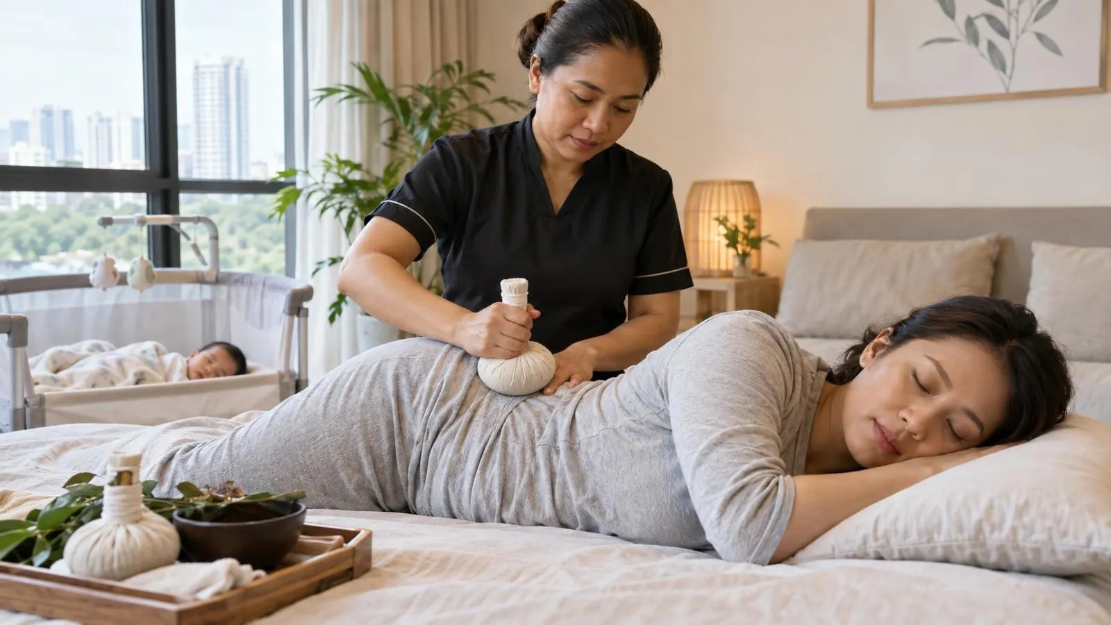 A therapist performing a postnatal jamu recovery massage on a new mother at home in Singapore
