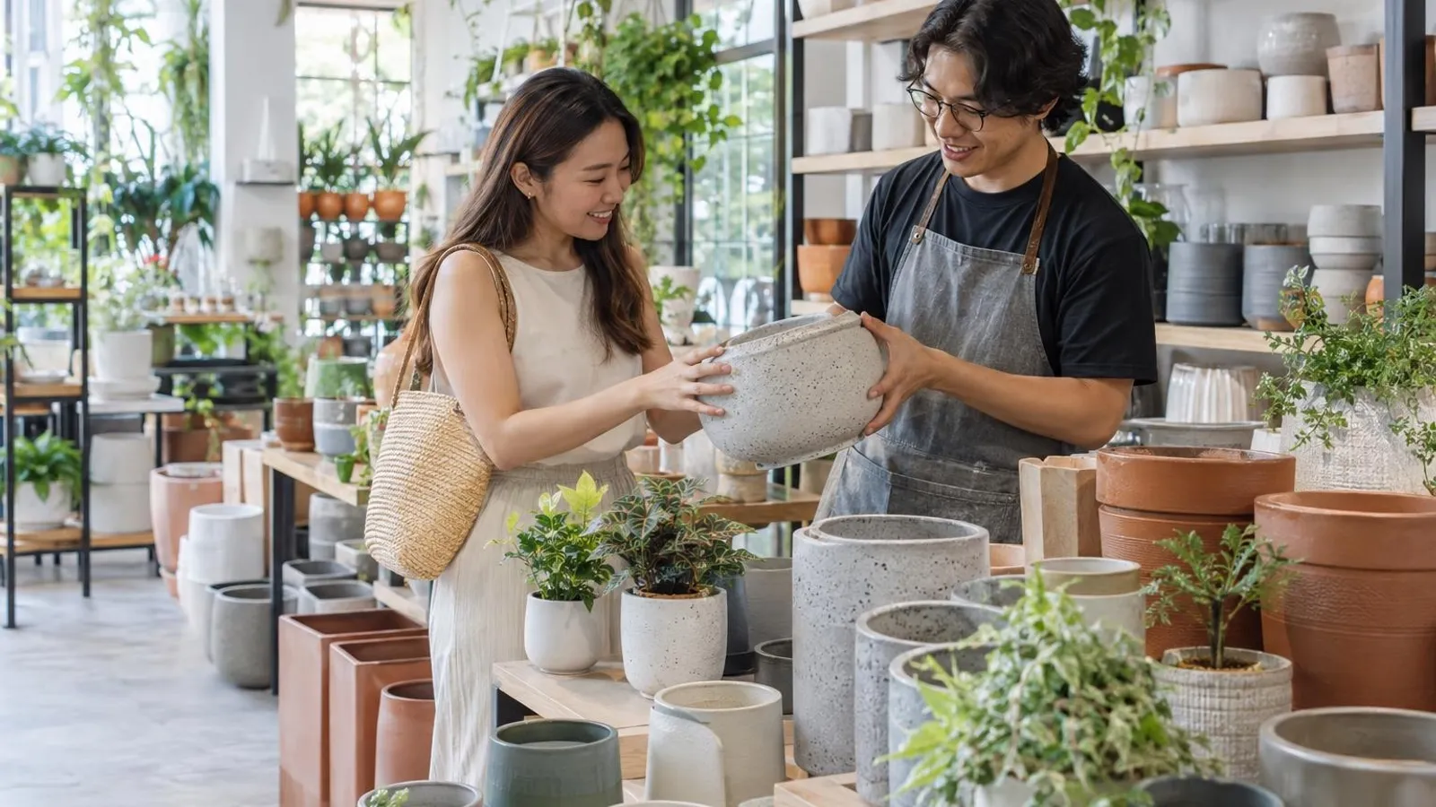 Pots and Planters Shops: a customer and a provider in a bright, modern setting