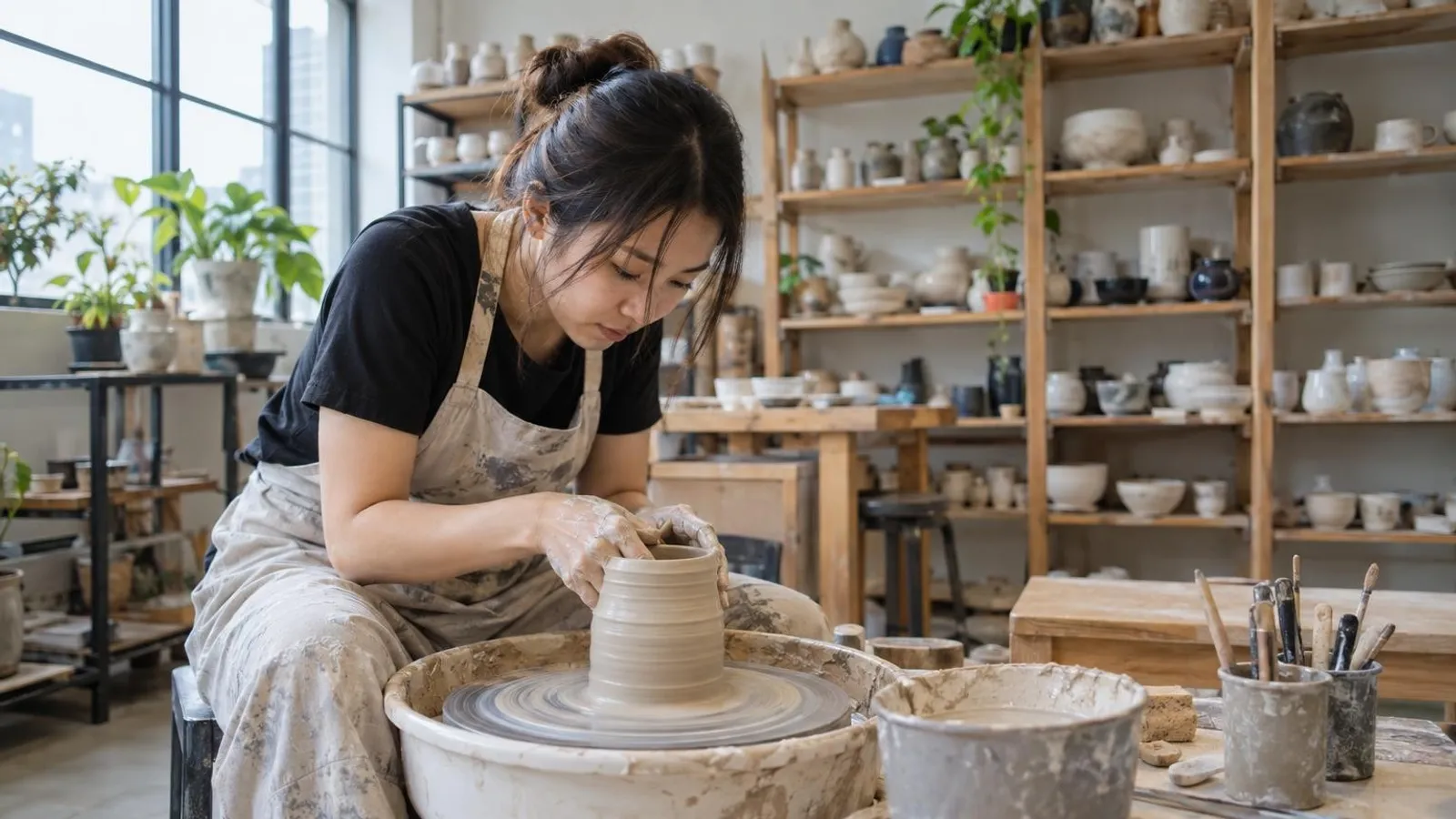 A potter shaping clay on a wheel at a bright Singapore pottery studio