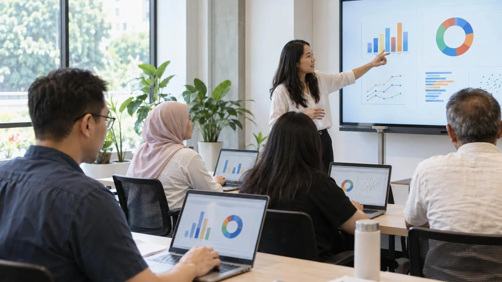 An instructor presenting colourful dashboard charts to adult learners with laptops in a bright training room