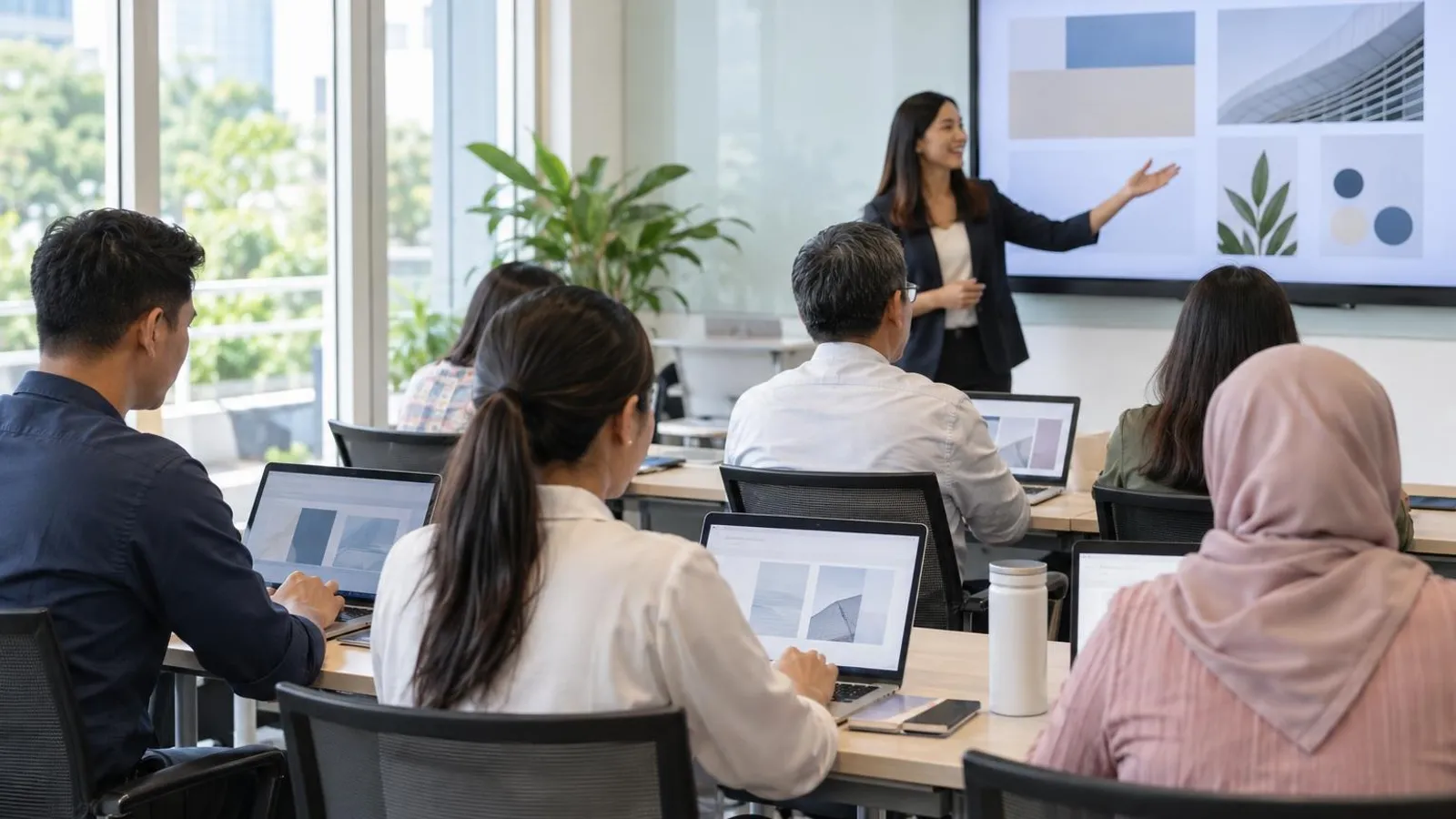 Office professionals building presentation slides on laptops in a bright training room while a trainer presents