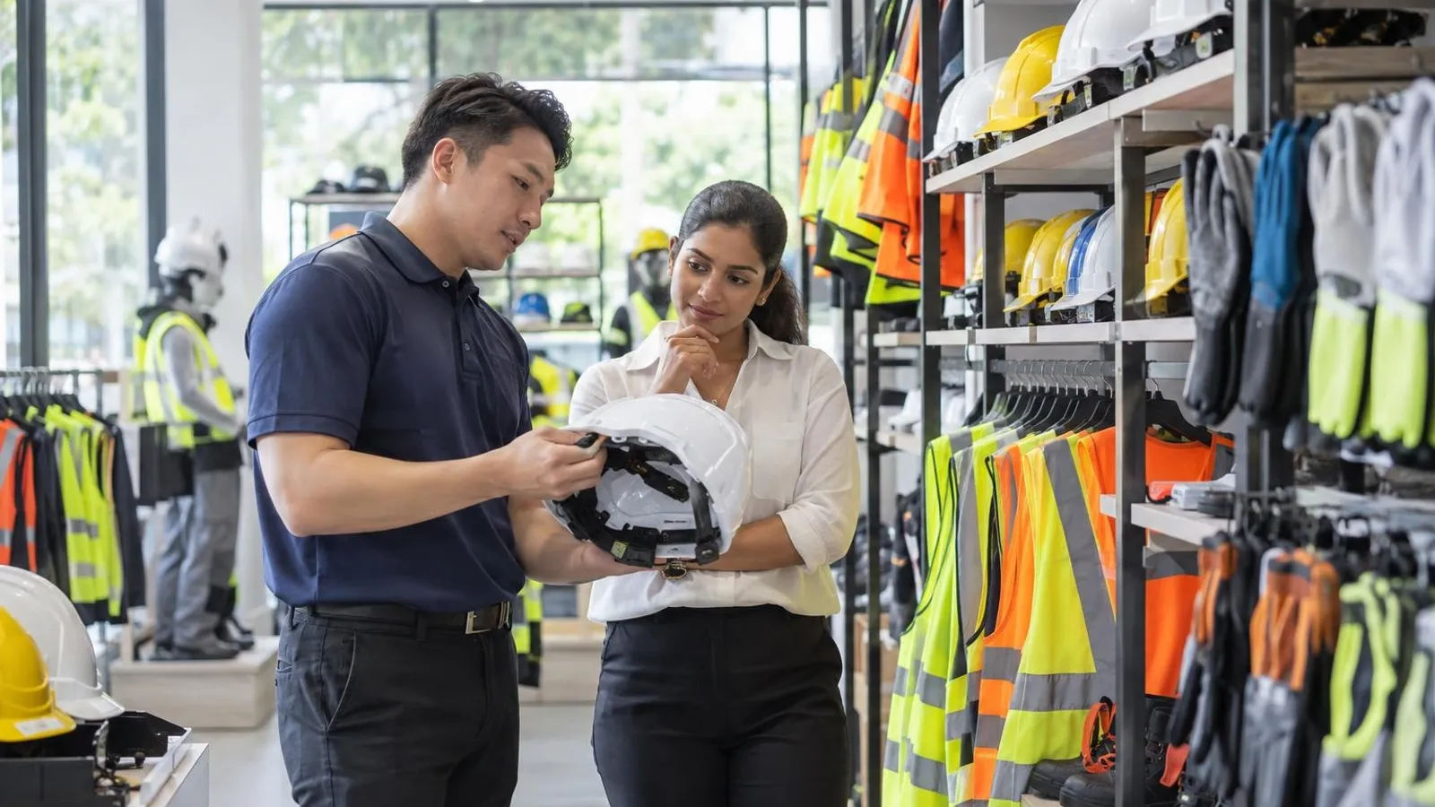 A safety supplier showing helmets, vests and gloves on shelves in a showroom