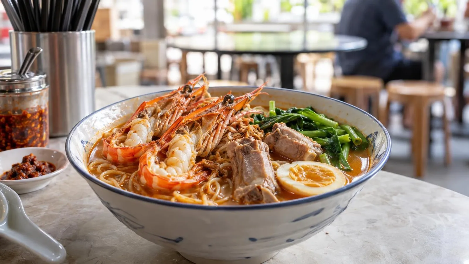 A bowl of prawn mee soup with big prawns and pork ribs in Singapore
