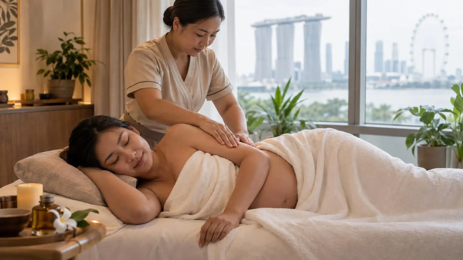 A therapist giving a pregnant woman a gentle side-lying prenatal massage in a serene Singapore spa