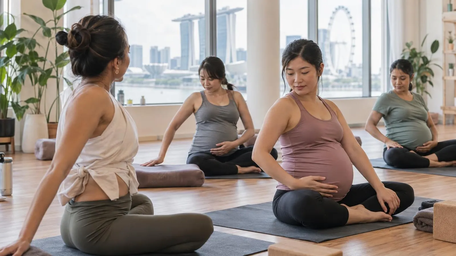 An instructor leading pregnant women through gentle prenatal yoga poses in a bright Singapore studio