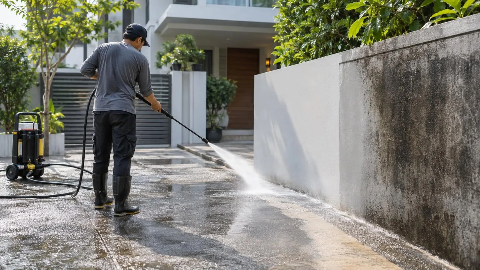 A worker pressure-washing the exterior of a Singapore home, a clean surface contrasting with grime