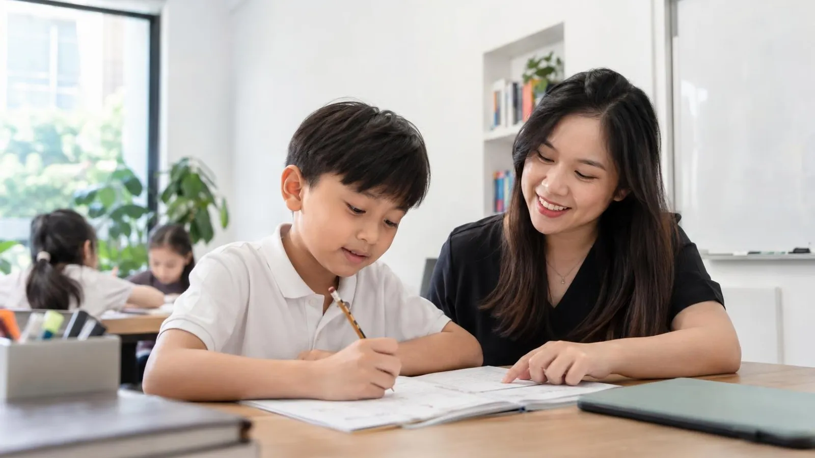 Primary School Tuition Centres: a customer and a provider in a bright, modern setting