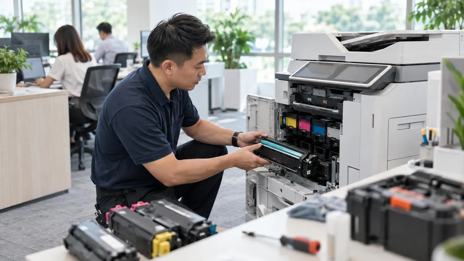 A technician servicing an office printer with its panels open in a bright modern office