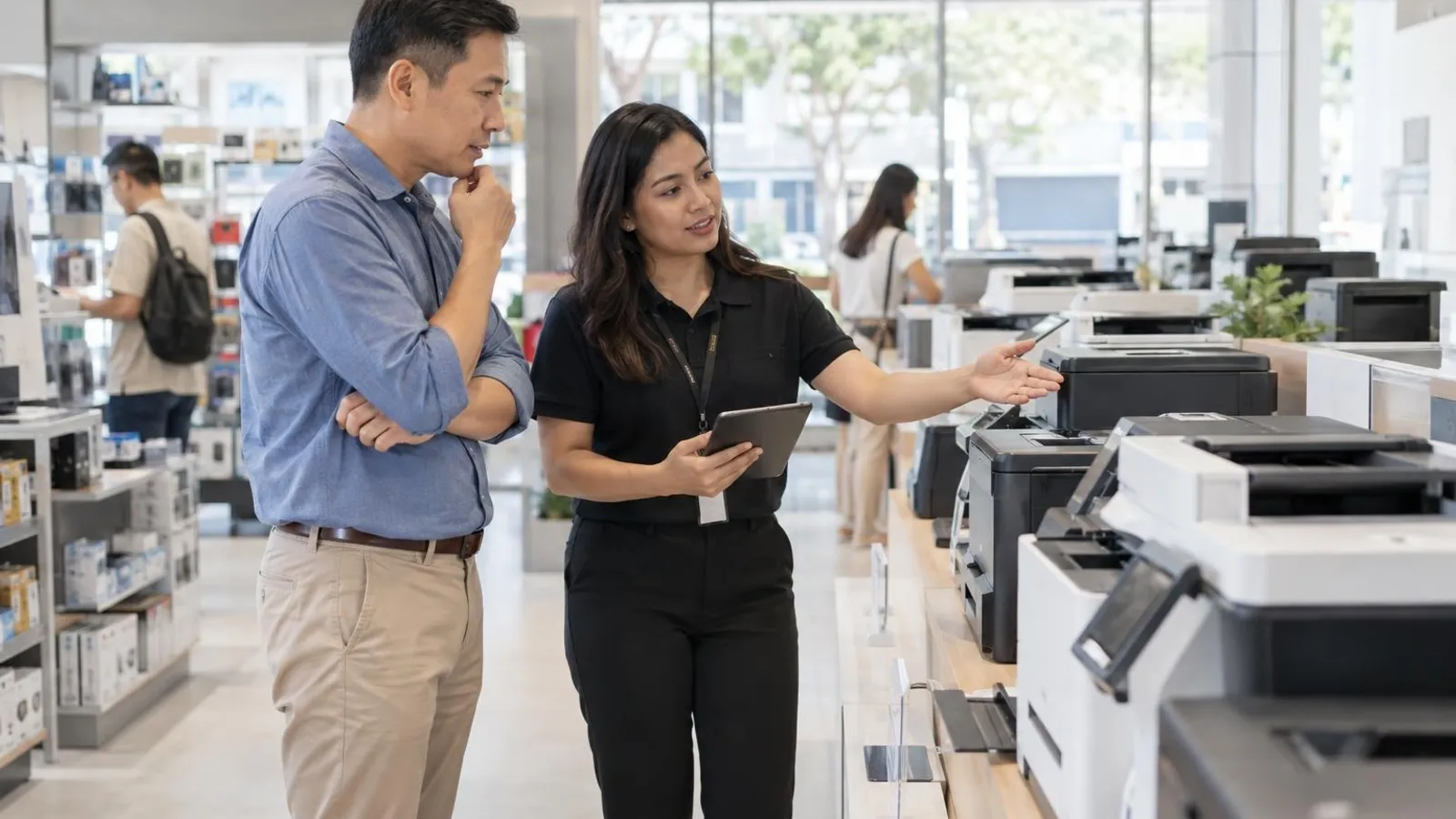 A customer comparing office printers on a bright store display with a shop assistant explaining