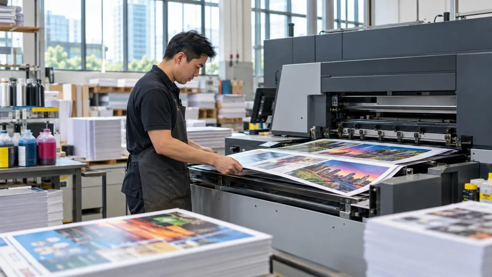 A print operator at a large press with colour prints at a Singapore print shop