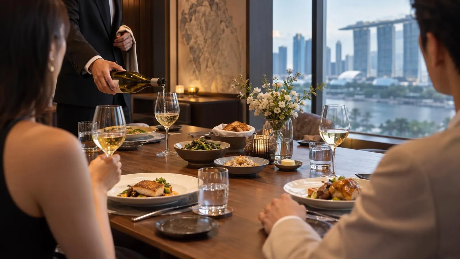 An intimate private dining room in Singapore with an elegantly set table of plated gourmet courses