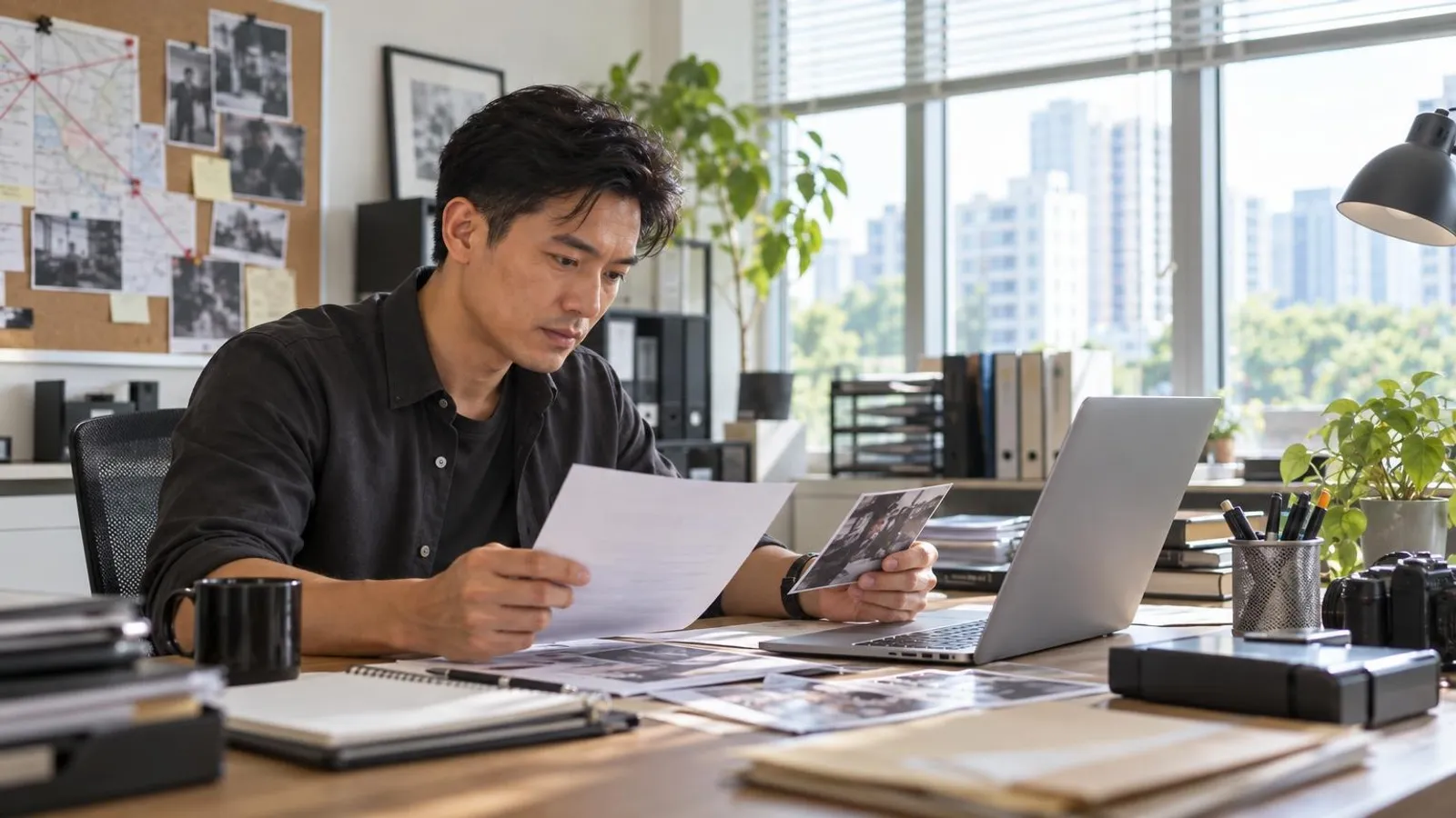 A private investigator reviewing case documents and photographs at a desk in a discreet Singapore office