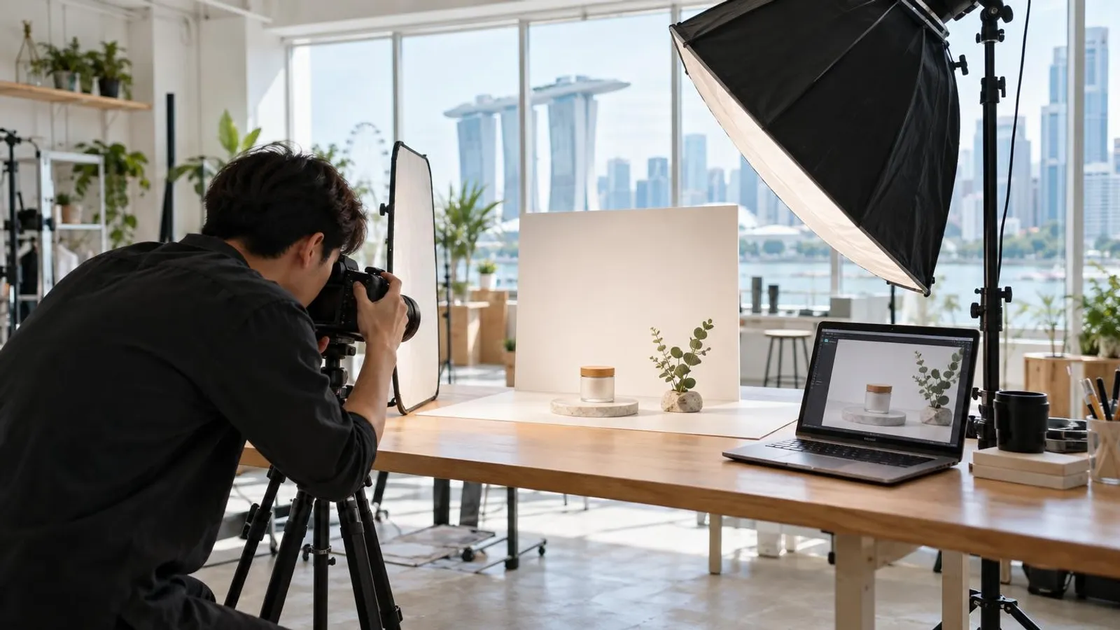 A photographer shooting a product on a lit tabletop set with a laptop preview in a bright Singapore studio