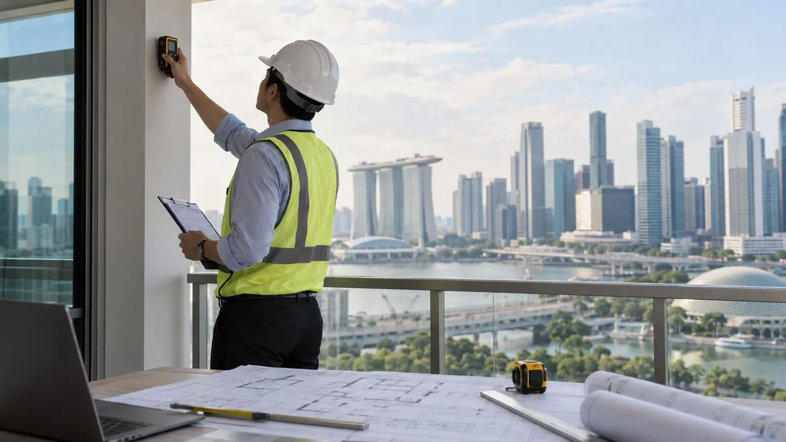 A property valuer assessing a building with floor plans in Singapore with the city skyline behind