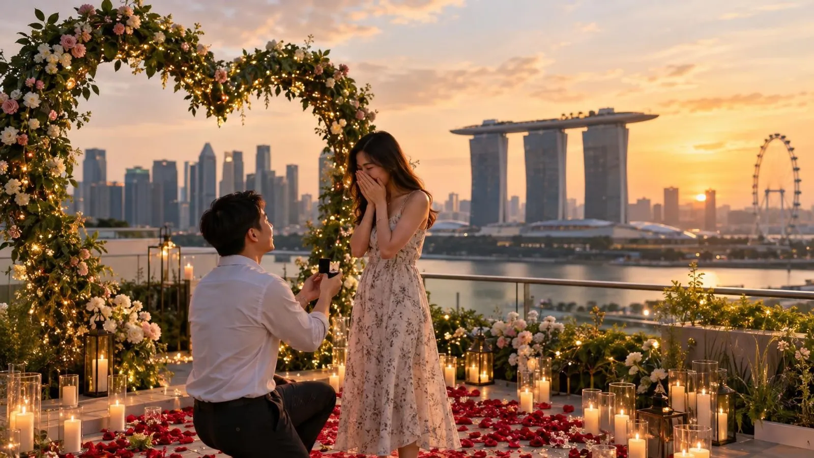 A romantic rooftop marriage proposal setup with a floral arch, candles and the Singapore skyline