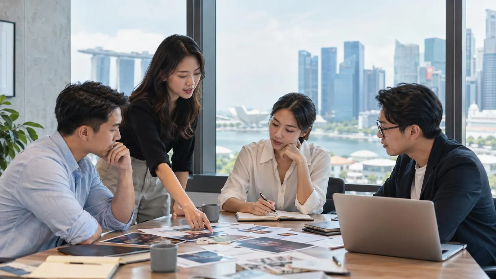 A PR team reviewing press materials and a media plan in a Singapore office