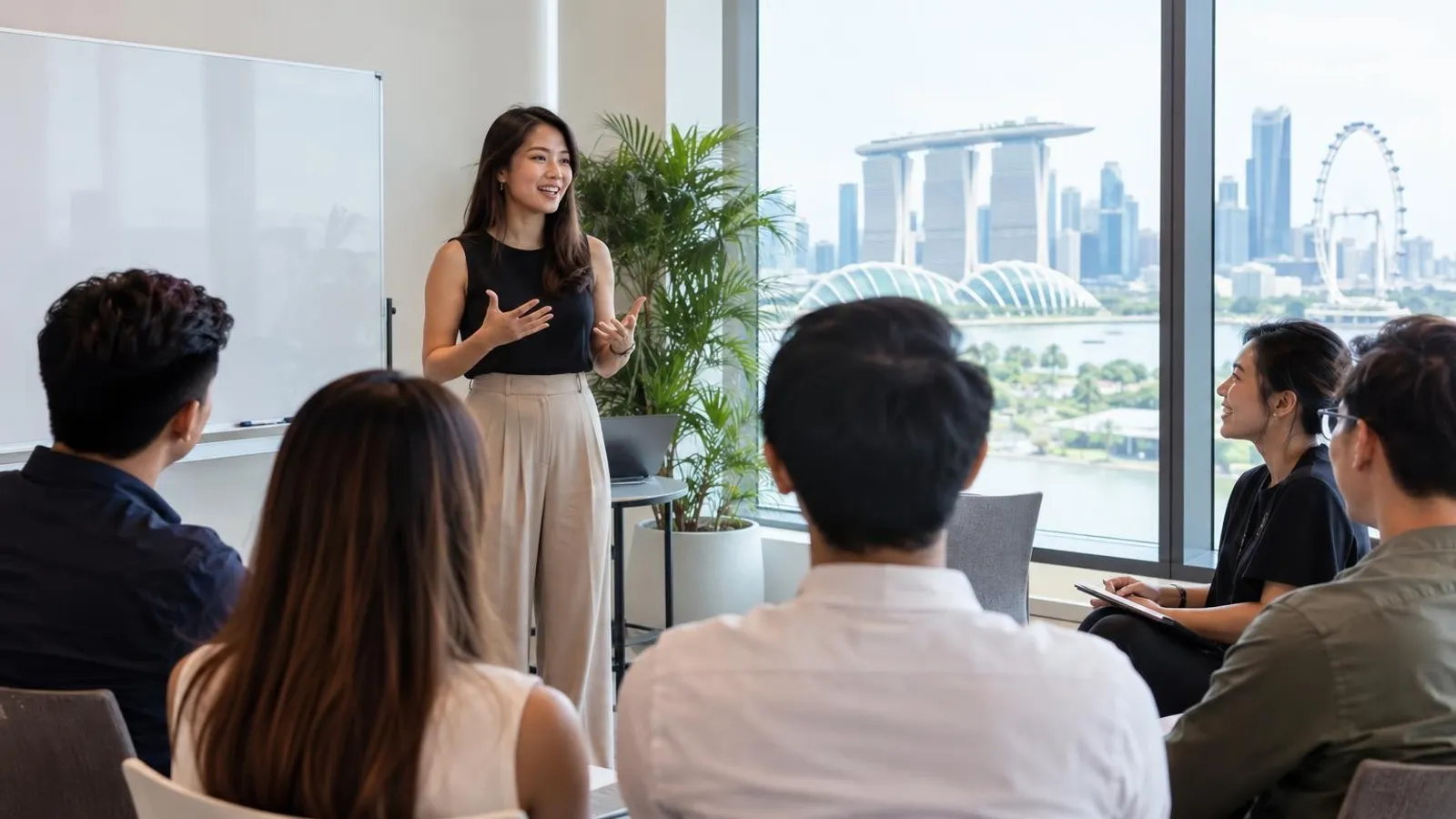 A confident young presenter speaking to a small engaged class at a Singapore public-speaking course