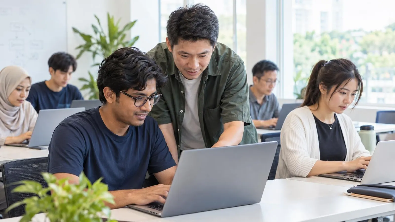 Adult learners writing code on laptops in a bright classroom while an instructor helps a student