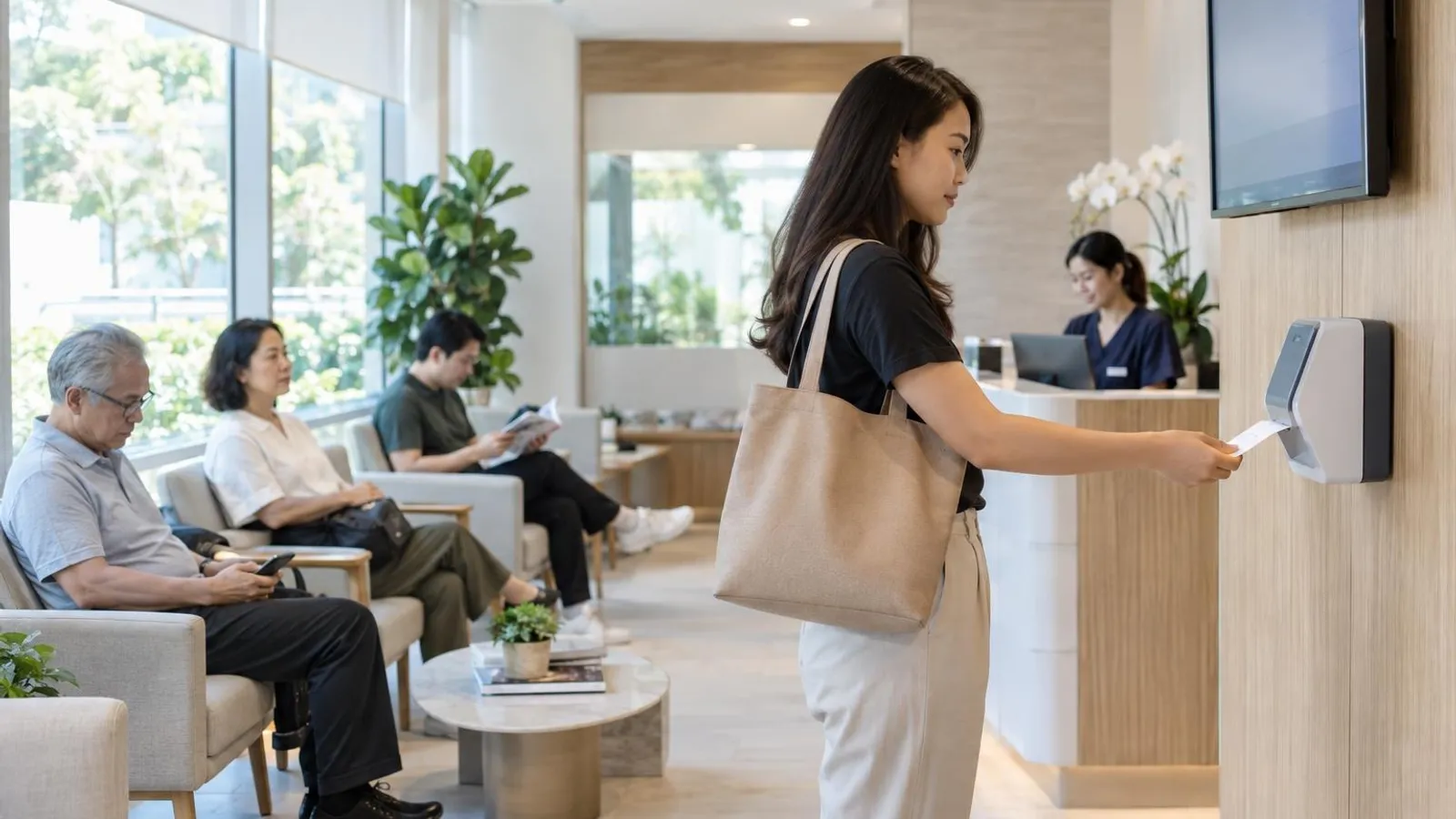 A bright modern clinic reception with a small ticket dispenser and a wall-mounted display while a patient takes a ticket