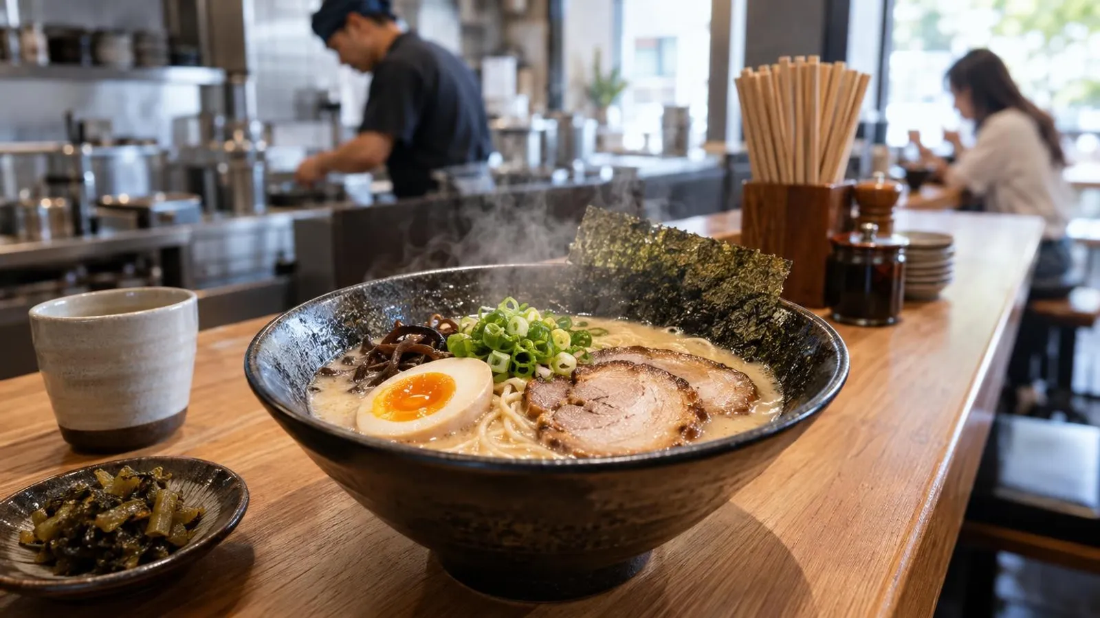A steaming bowl of tonkotsu ramen with chashu and egg at a Singapore ramen bar
