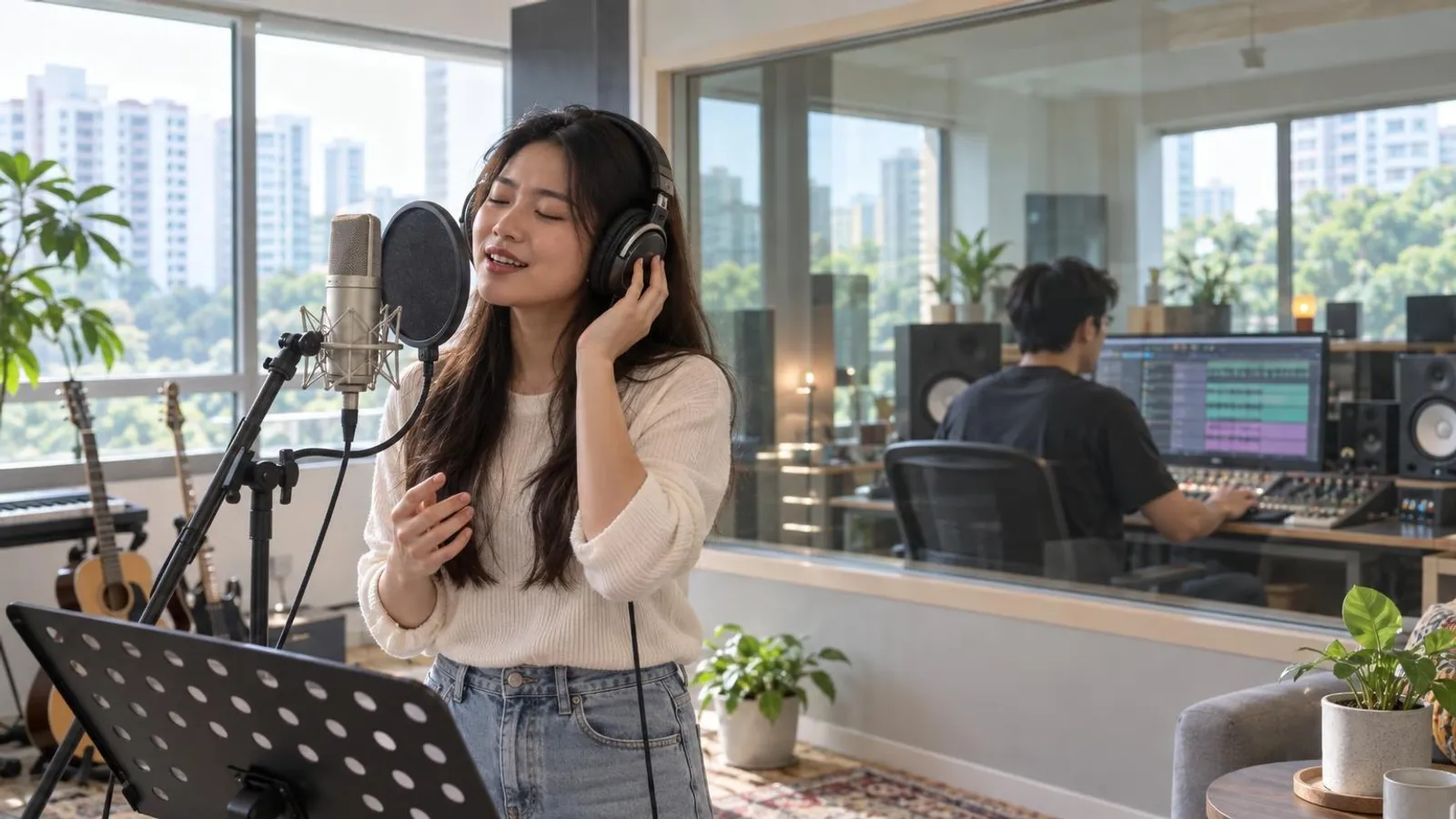 A singer recording vocals at a microphone in a bright modern Singapore recording studio
