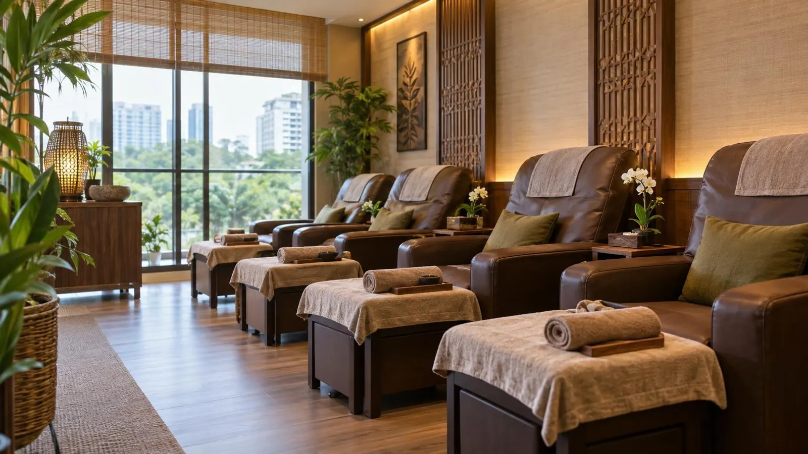 A serene foot reflexology lounge in Singapore with reclining chairs, warm lighting and folded towels