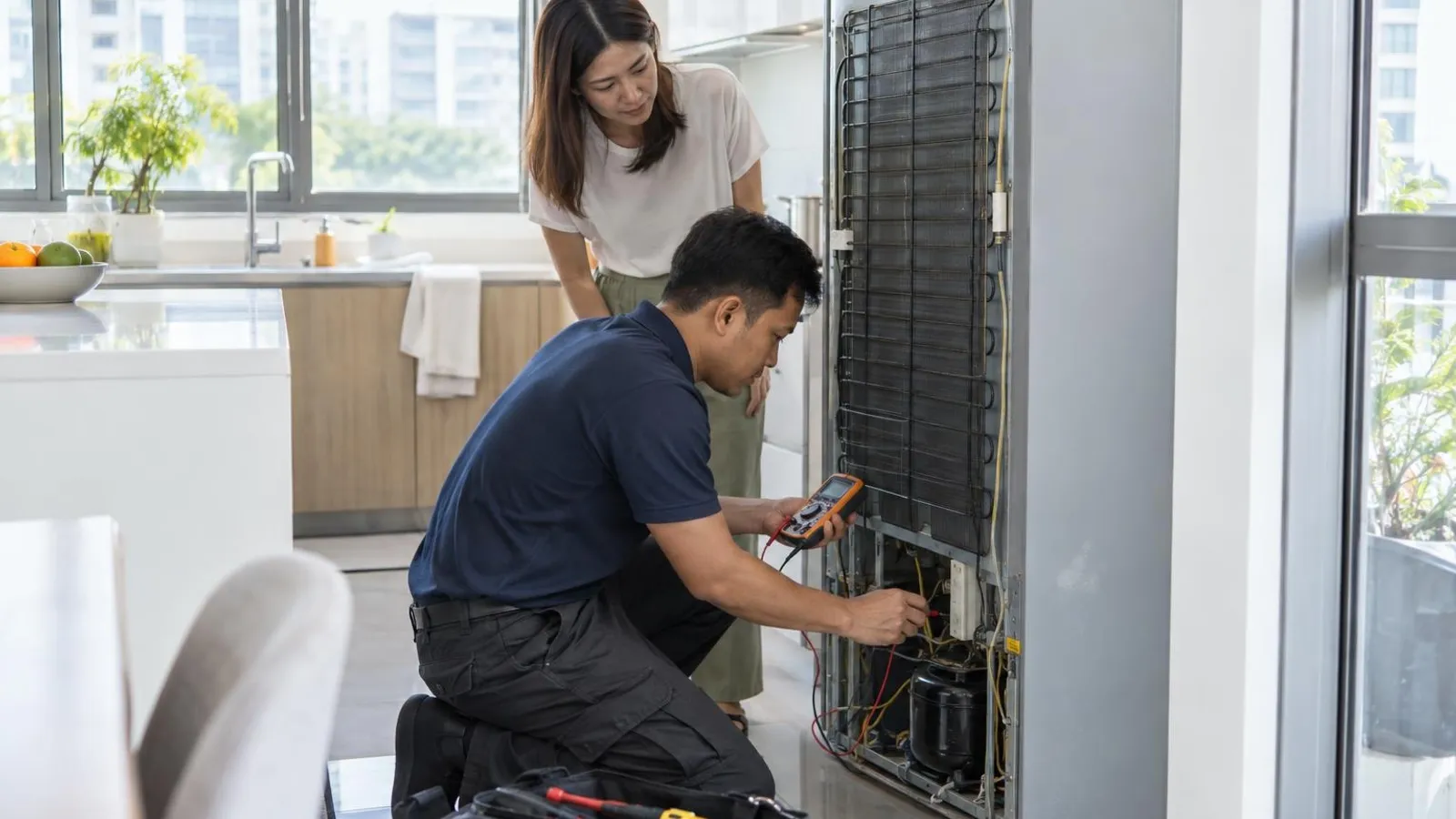 A technician checking the back of an open refrigerator with a meter in a bright modern kitchen while the homeowner looks on