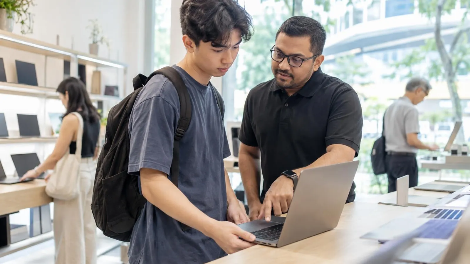 A young student examining a refurbished laptop on a bright shop counter while a staff member helps