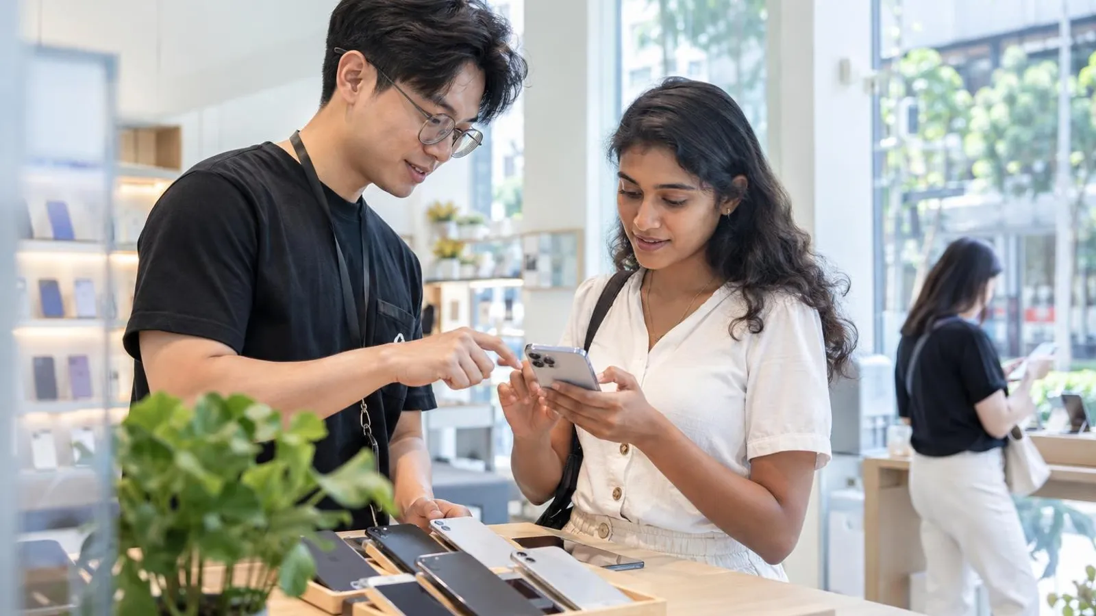 A customer checking a refurbished smartphone at a bright shop counter while an assistant explains