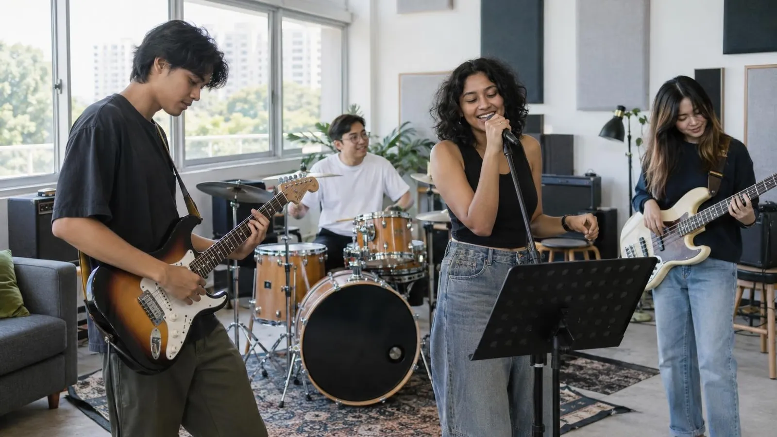 Four musicians rehearsing with a drum kit and guitars in a bright rehearsal room