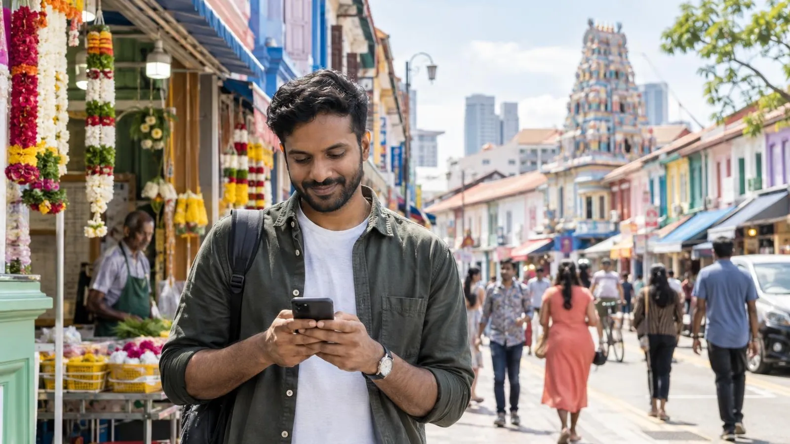 A man using his smartphone on a colourful shophouse street in Little India, Singapore