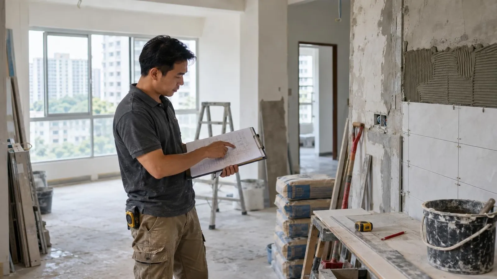 A renovation contractor reviewing plans in a bright HDB flat under renovation