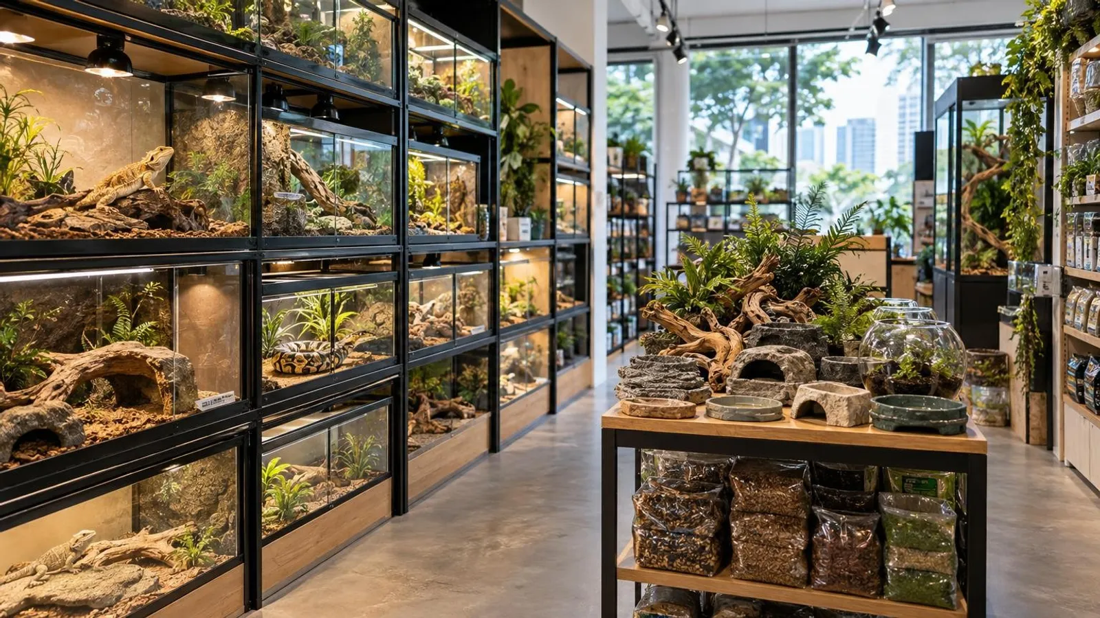 A bright reptile and exotic-pet shop in Singapore with glass terrariums, heat lamps and supplies