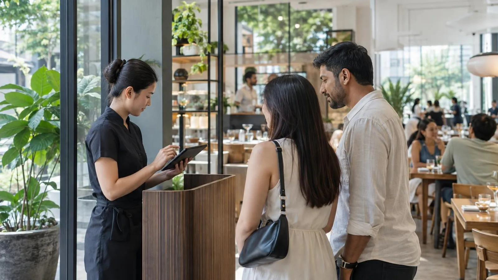 A restaurant host checking a tablet at the entrance of a bright modern restaurant while a couple waits