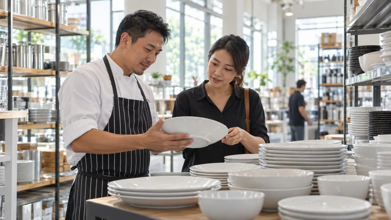 Restaurant Tableware and Crockery Suppliers: a customer and a provider in a bright, modern setting