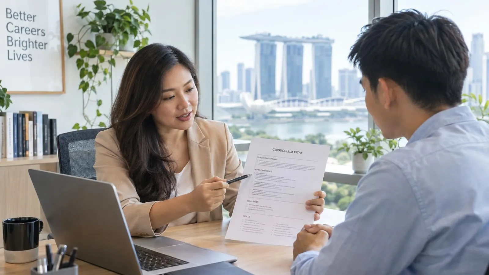 A professional resume writer reviewing a printed CV with a client across a desk in a bright modern Singapore office