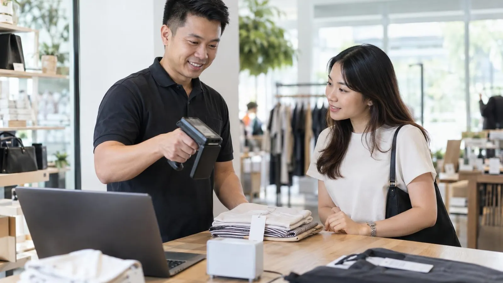 RFID Solution Providers: a customer and a provider in a bright, modern setting