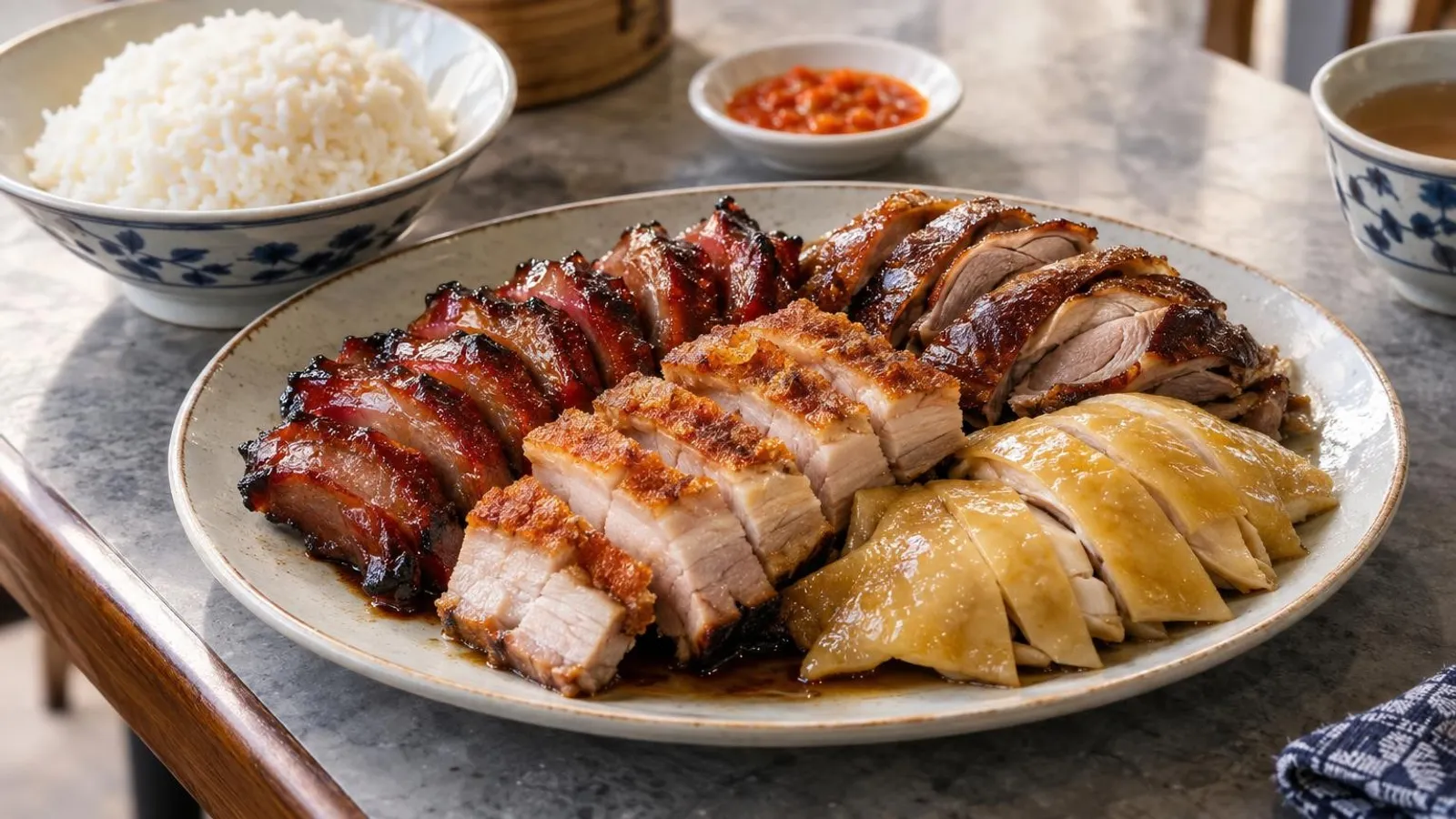 A platter of Cantonese roast meats sliced on a plate — glossy char siew, crispy roast pork belly, roast duck and soy sauce chicken