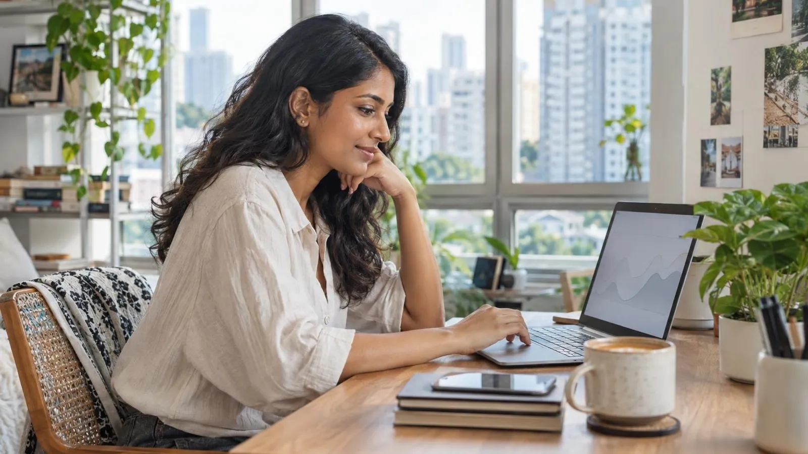A young woman reviewing an investment dashboard on a laptop at a bright home desk