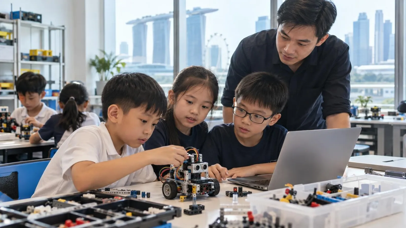 Children building and programming a robot with a teacher in a bright Singapore STEM classroom