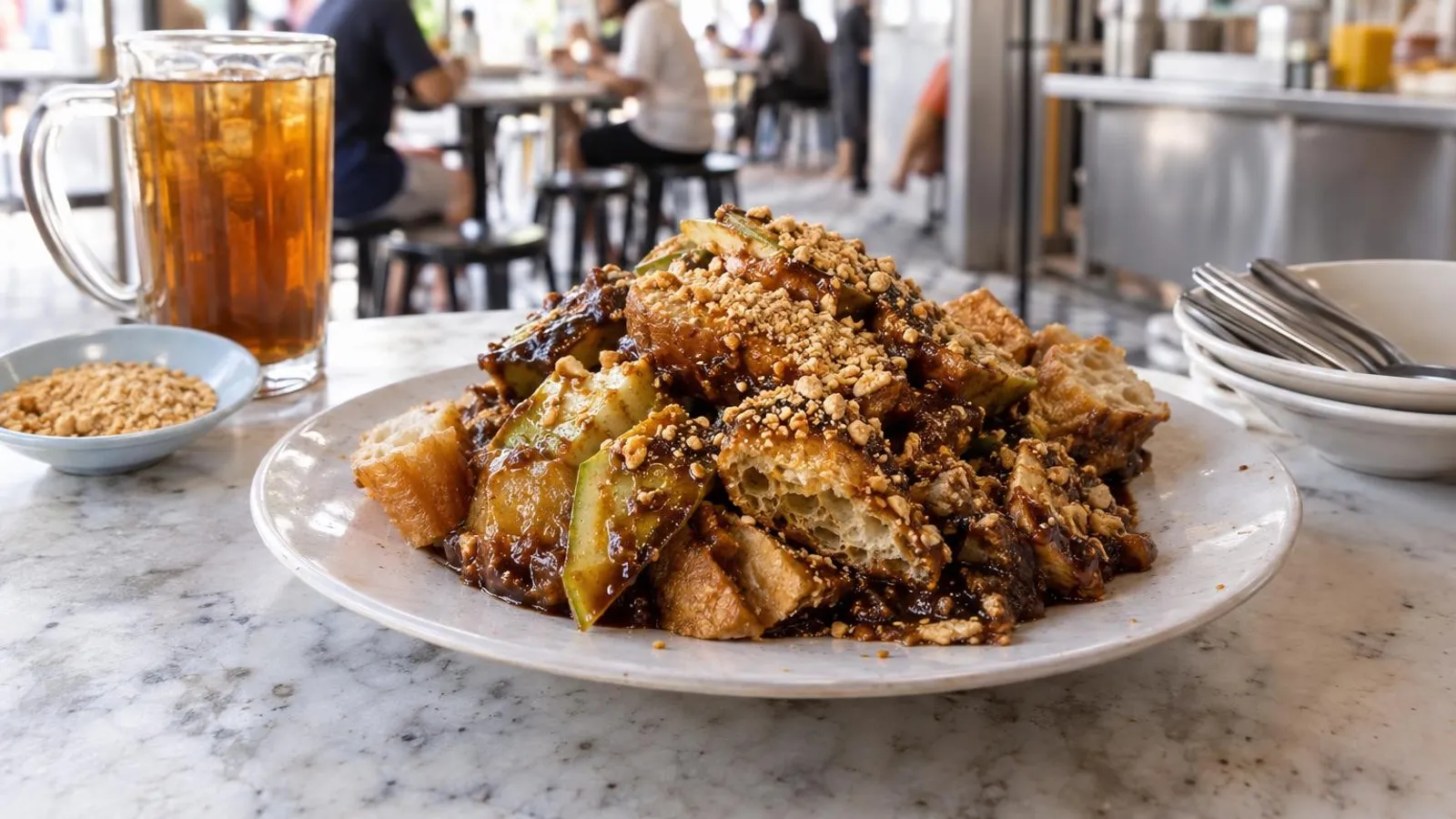 A plate of Singapore rojak with fruit, dough fritters, beansprouts and peanut prawn-paste sauce