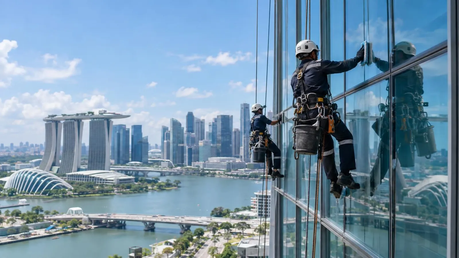 Rope-access technicians abseiling a high-rise glass facade in Singapore performing maintenance