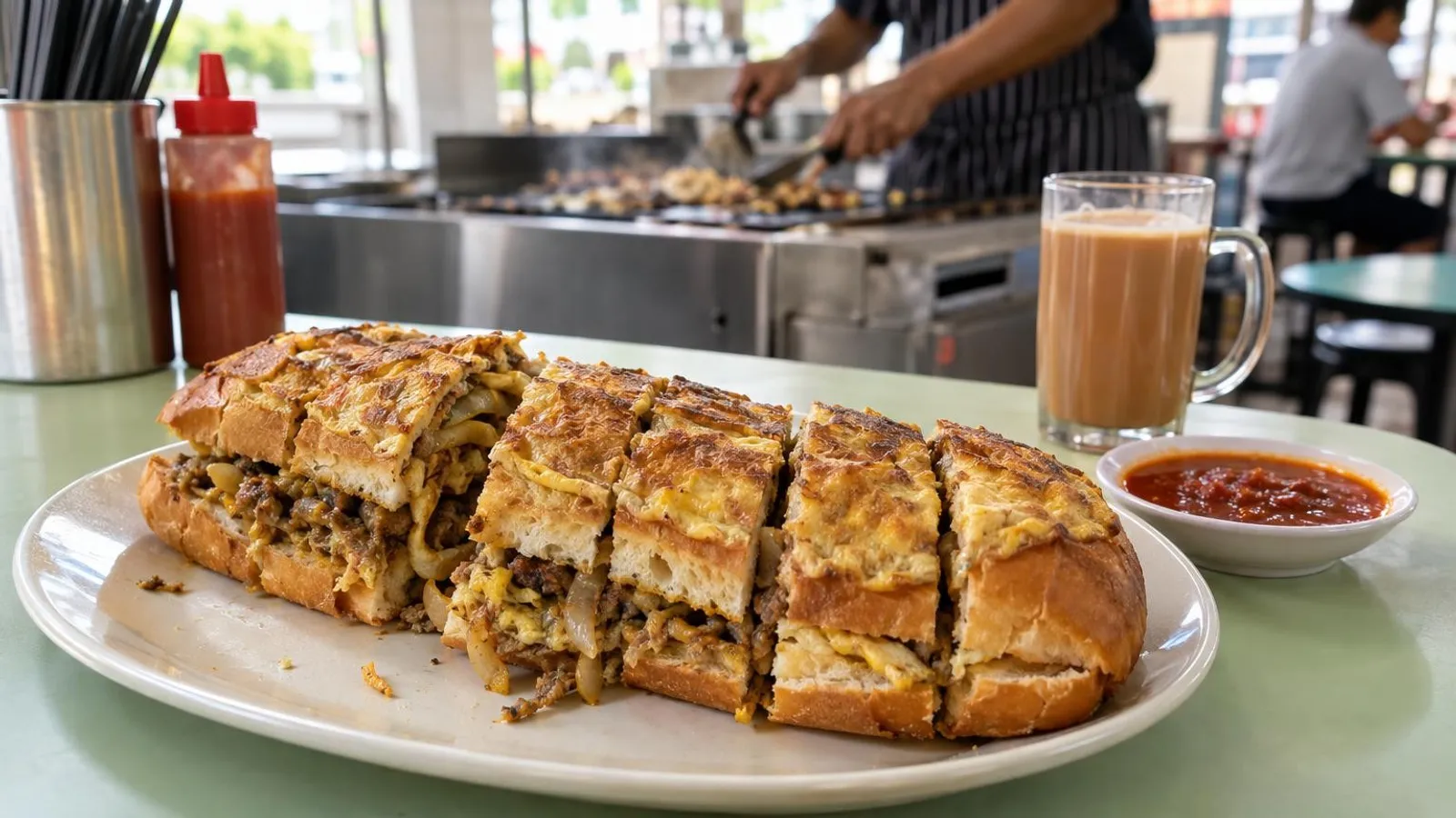 A Singapore roti john of French loaf with egg, minced mutton and onions, griddled and sliced