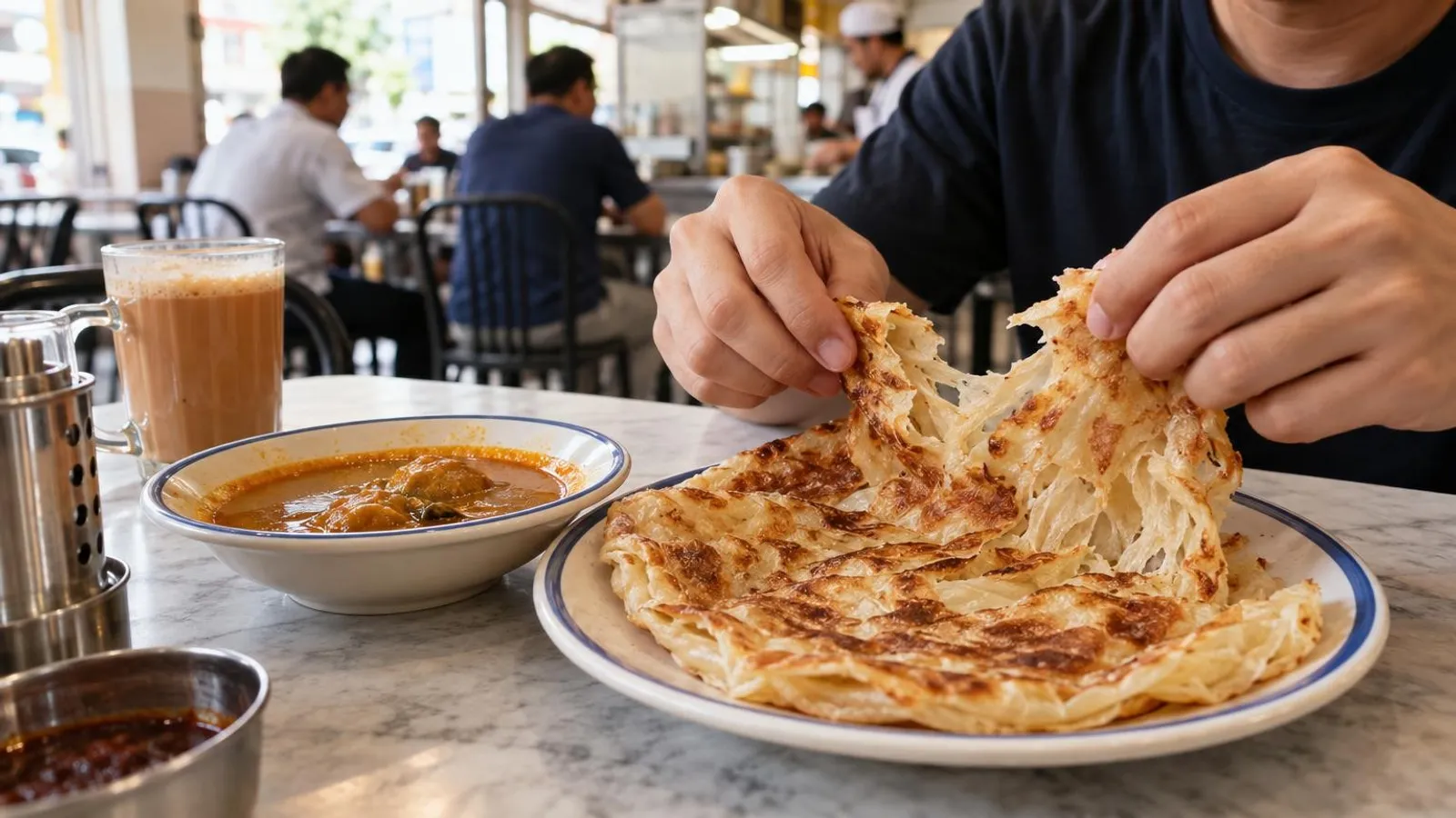 Crispy flaky roti prata with a bowl of curry at a Singapore prata shop