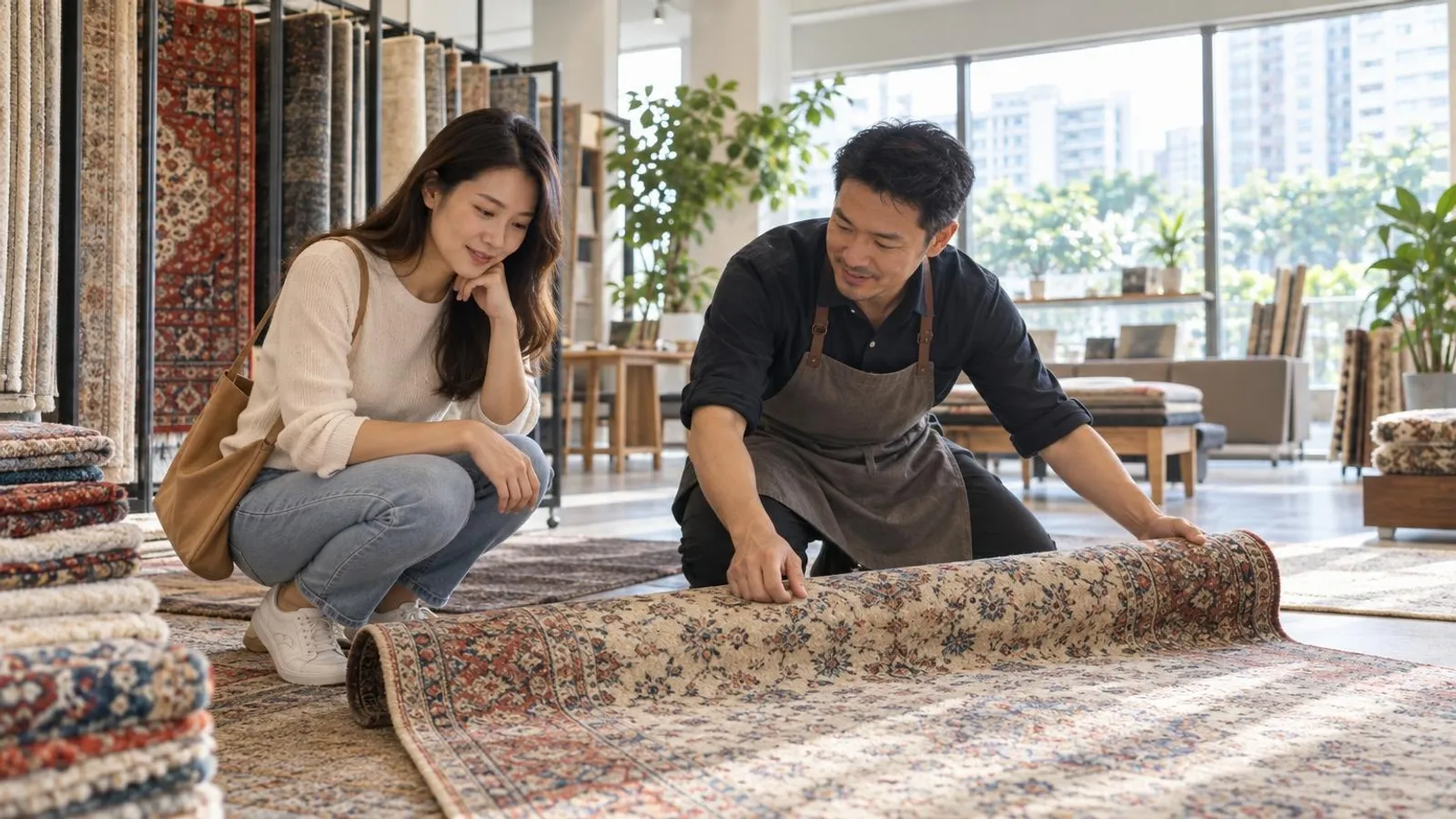 A customer browsing Persian and modern rugs while a shopkeeper unrolls one in a bright Singapore rug showroom